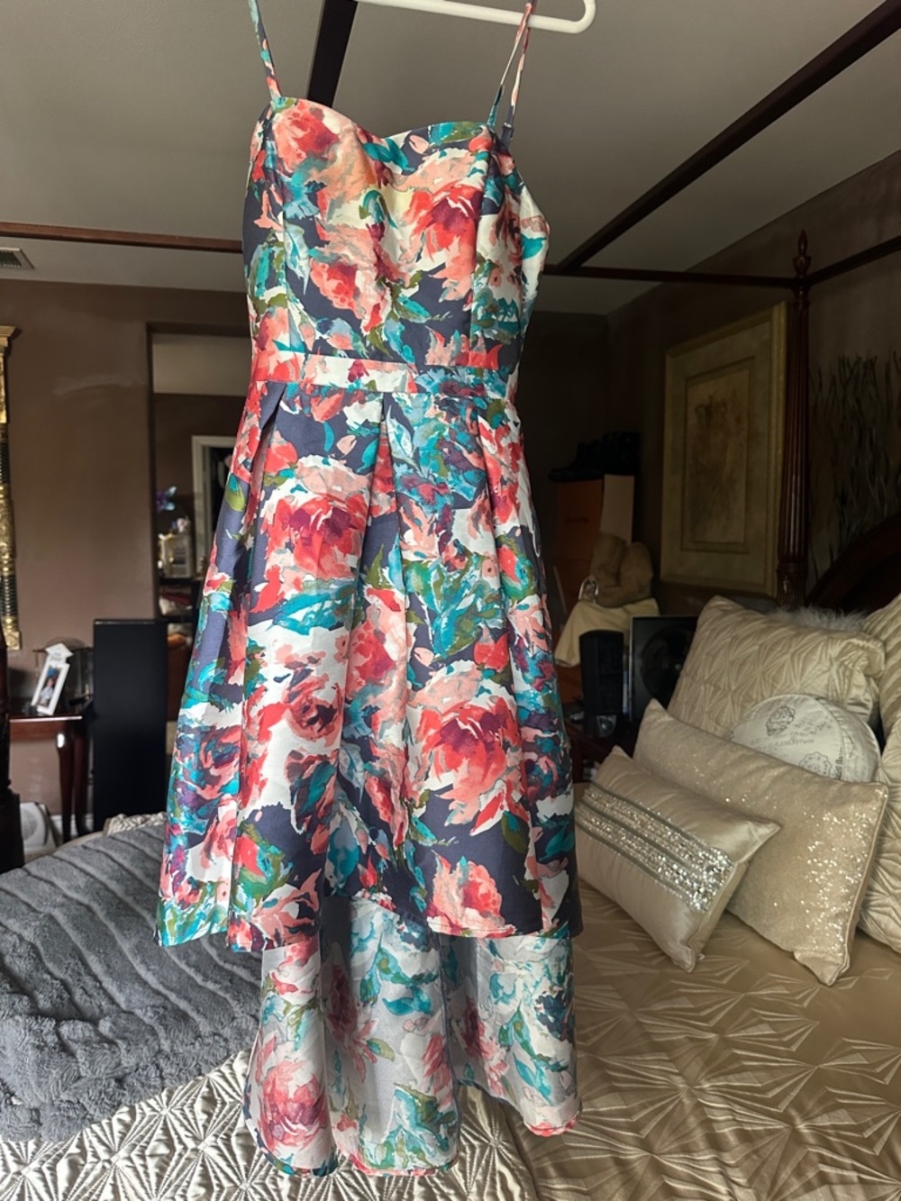 VENUS Navy Floral High-Low Spaghetti Strap Dress with Coral and Teal Accents